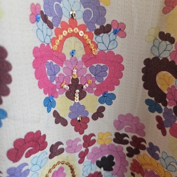 Anthropologie TANVI KEDIA S Caltha Swing DressYellow Red Beaded Boho Print EUC - Picture 7 of 12